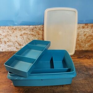Vintage Tupperware Tuppercraft Teal Blue Storage Box Tray Lid 767-14 Made in USA